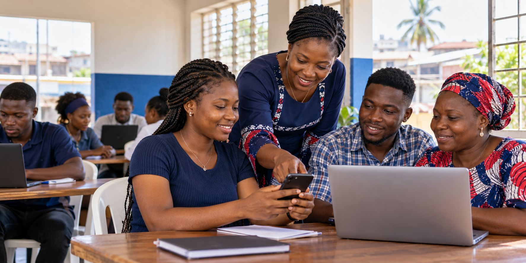 A community instructor helping Liberian learners use a smartphone and laptop